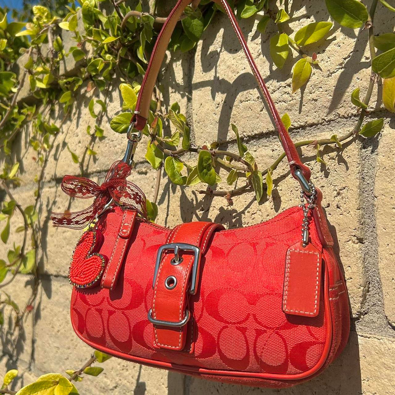 Vintage Coach Red Demi Hampton Monogram Buckle Shoulder Bag