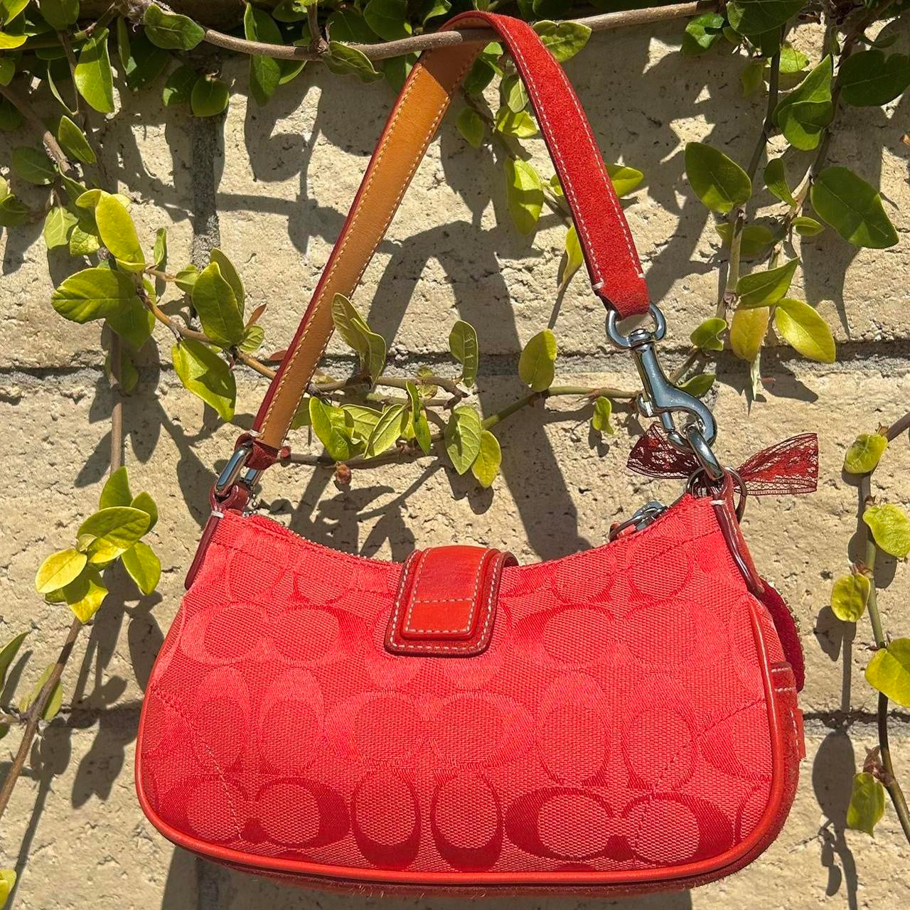 Vintage Coach Red Demi Hampton Monogram Buckle Shoulder Bag