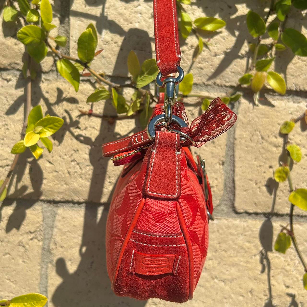 Vintage Coach Red Demi Hampton Monogram Buckle Shoulder Bag