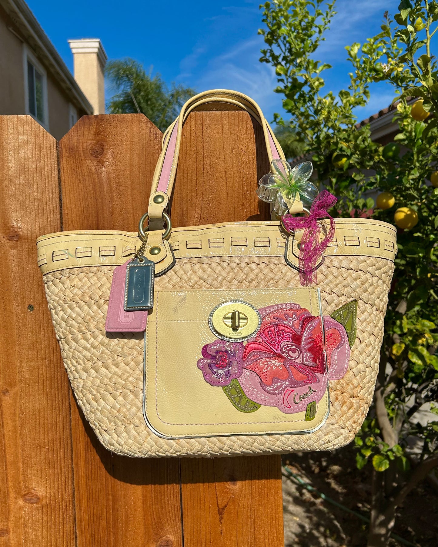 Coach Poppy Raffia Straw Woven Floral Shoulder Bag