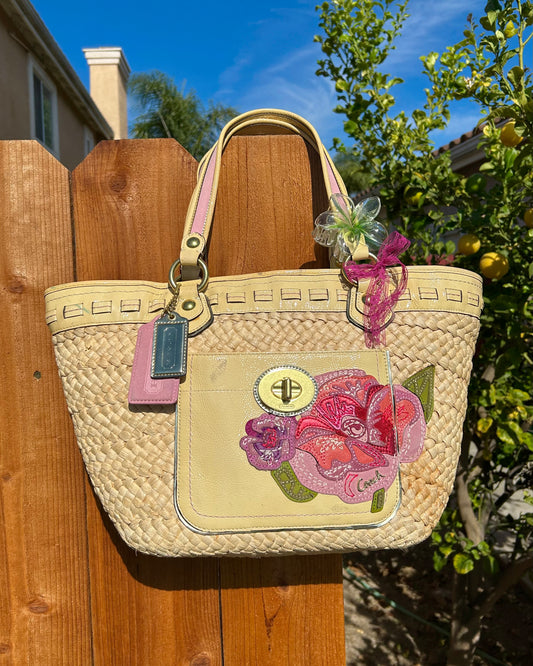 Coach Poppy Raffia Straw Woven Floral Shoulder Bag