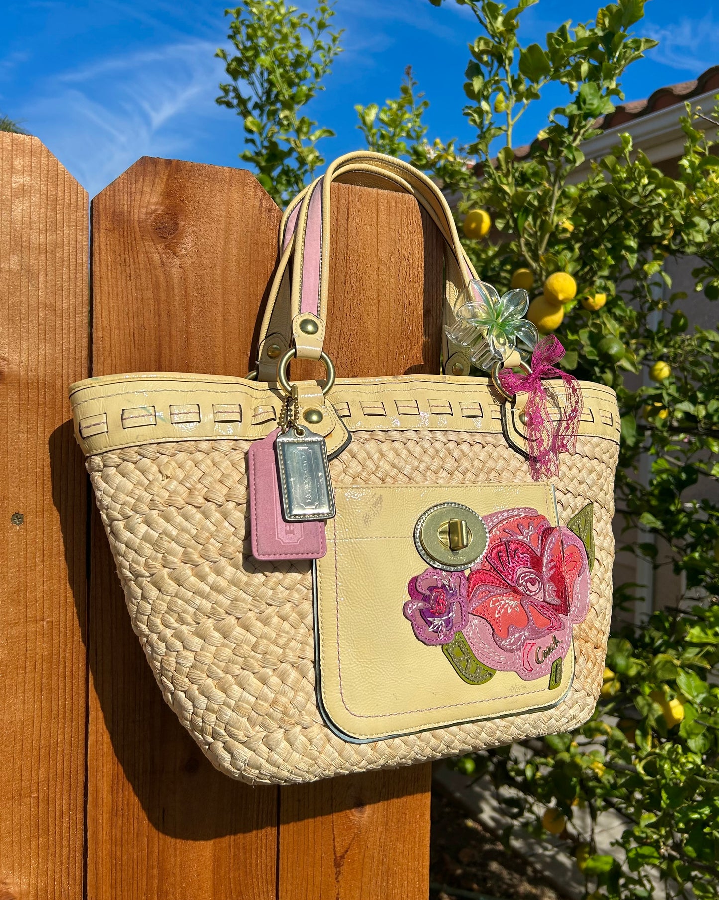 Coach Poppy Raffia Straw Woven Floral Shoulder Bag