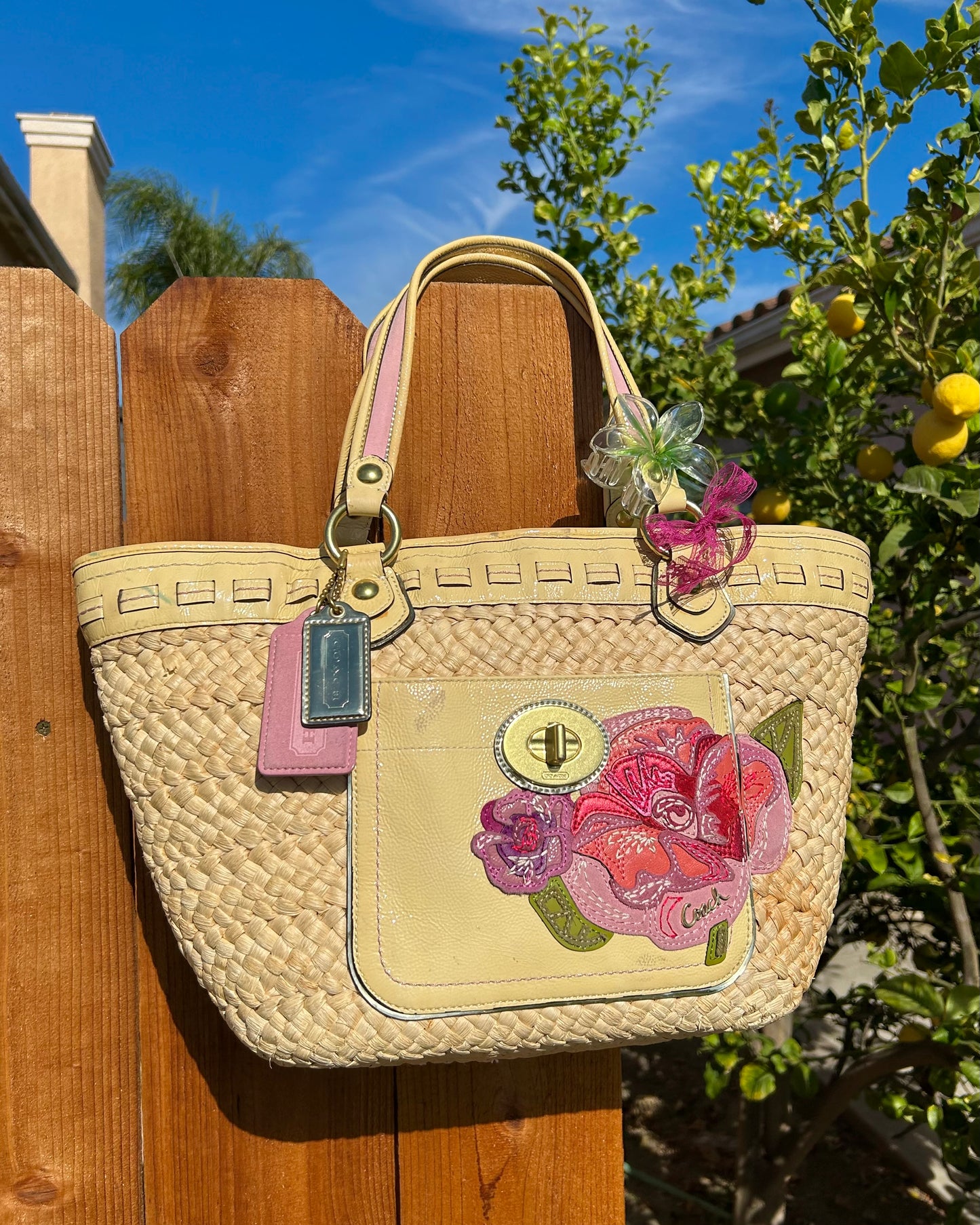 Coach Poppy Raffia Straw Woven Floral Shoulder Bag